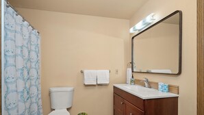 Une salle de bain avec des toilettes, un lavabo et un miroir.