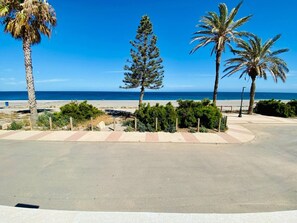 A paved pathway leading to a beach with palm trees and a pine tree. - Holiday Home Near the Beach on the Costa Tropical (Motril)