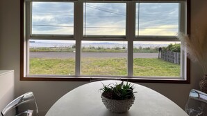 A room with a large window, a table with a potted plant, and a chair.