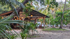 Une structure rustique en bois, décorée de guirlandes lumineuses, entourée d’une végétation tropicale luxuriante et de palmiers.