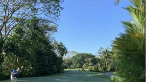 Un parcours de golf avec un ciel dégagé, des arbres et une pelouse bien entretenue.
