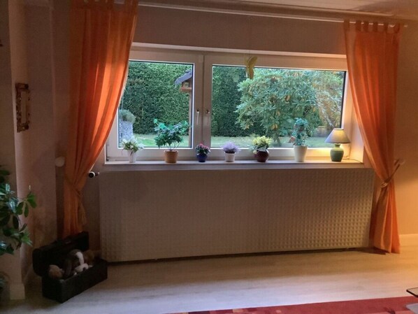 Una habitación con ventana, cortinas, un radiador y varias macetas con plantas en el alféizar.