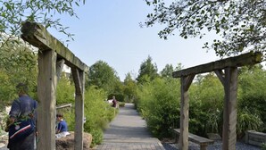 A paved pathway with wooden pergolas, surrounded by greenery and trees. - Apartment Albatros 14 (Butjadingen)