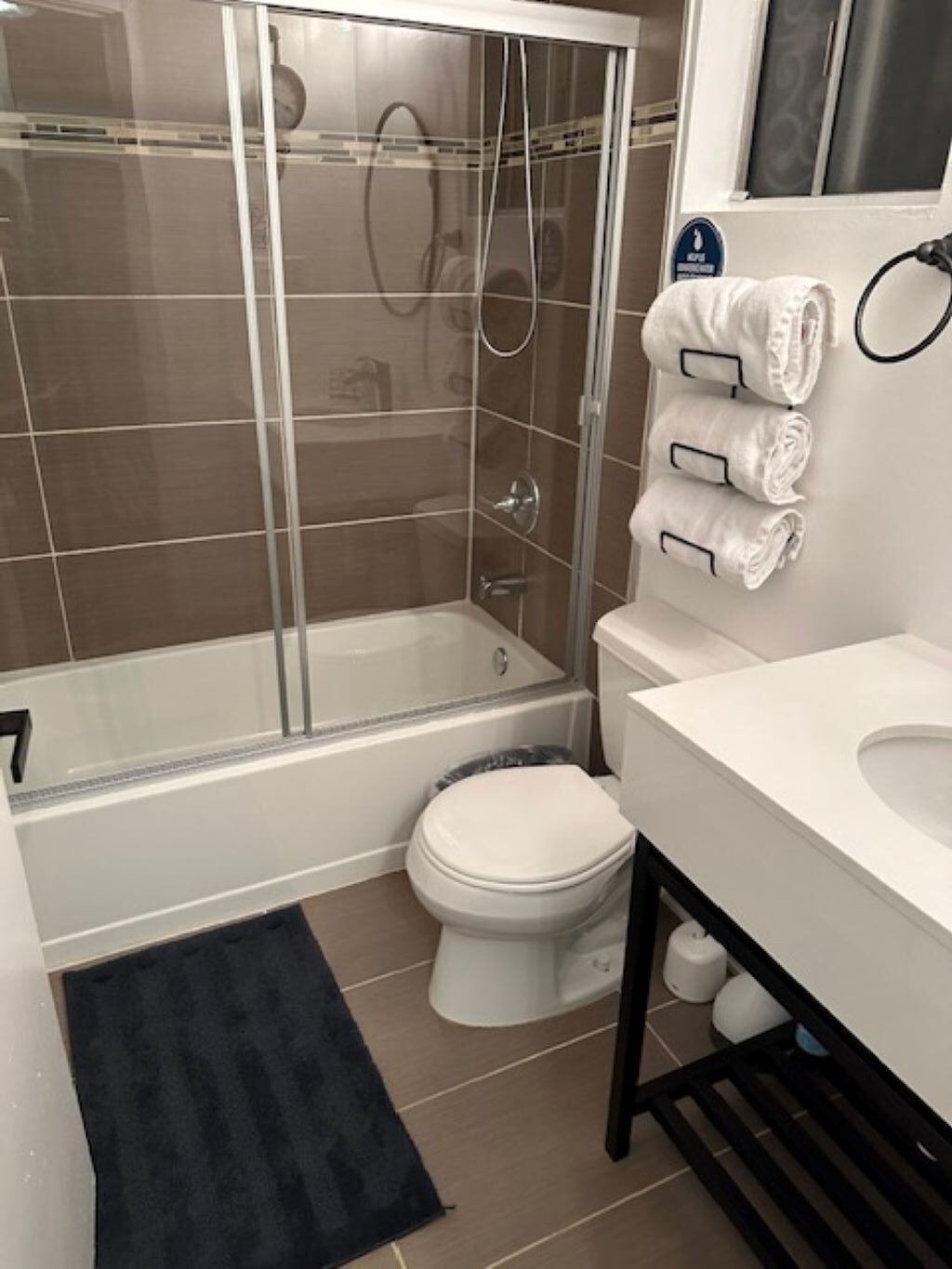 Hair dryer, towels, soap, shampoo