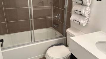 Hair dryer, towels, soap, shampoo