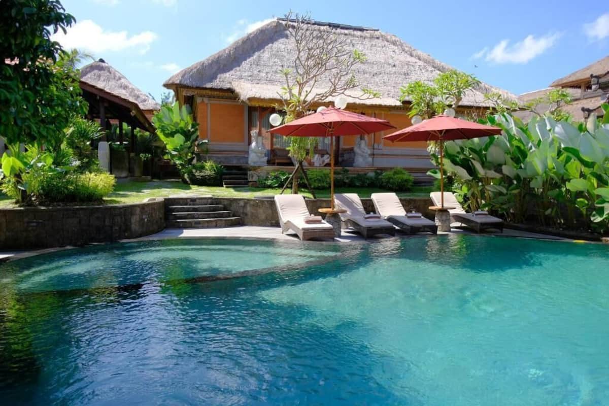 Zona de piscina con sillas de descanso y sombrillas, rodeada de plantas tropicales y un edificio con techo de paja.