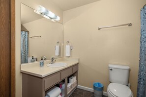 Hair dryer, towels, soap, shampoo