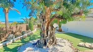 A landscaped garden with a central tree, a stone wall, and a view of the sea. - Villa La Seldeta by Solidays - Moraira, Costa Blanca (Moraira)