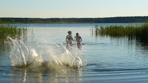Un lago tranquilo con dos personas jugando en el agua, rodeado de altas hierbas y una línea de árboles en la distancia.