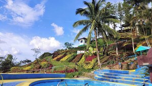 A swimming pool with blue and yellow edges, surrounded by lush greenery and palm trees. - JVR Island in the Sky Resort (Balamban)