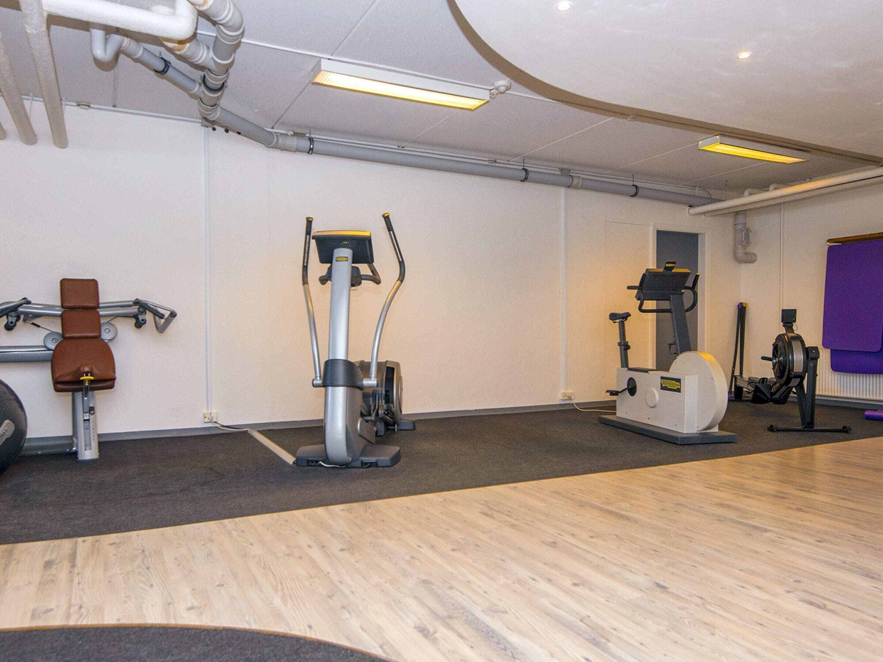 A gym with cardio machines, a stationary bike, and a rowing machine.