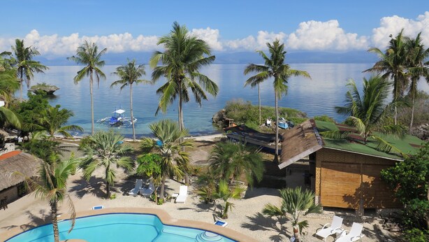 Un resort con piscina, palmeras y vista al océano.