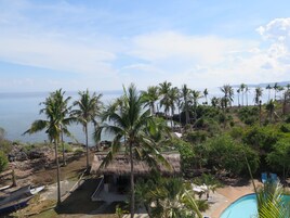 Una propiedad frente a la playa con una cabaña de techo de paja, palmeras y una piscina.