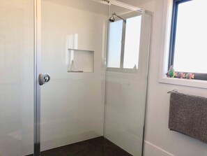 Shower, hair dryer, soap, toilet paper