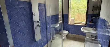 Shower, hair dryer, bidet, towels