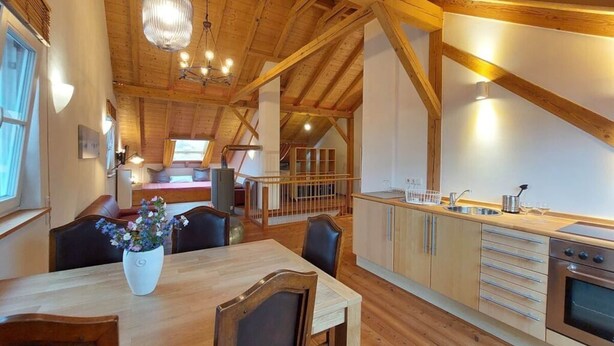 A spacious loft-style room with a wooden ceiling, a dining area with a wooden table and chairs, a kitchen with wooden cabinets and a stainless steel oven, and a cozy seating area with a sofa and a potted plant.