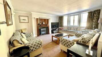 Smart TV, fireplace, books