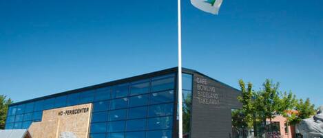 A modern building with a glass facade, a lion statue in front, and a flagpole with a flag.