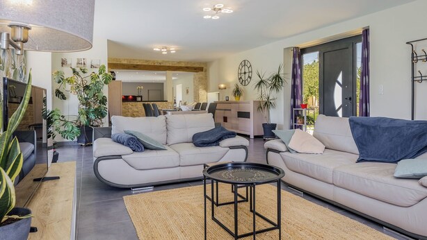 A modern living room with a sofa, coffee table, and potted plants. - Christopha, holiday house with private pool (La Dornac)