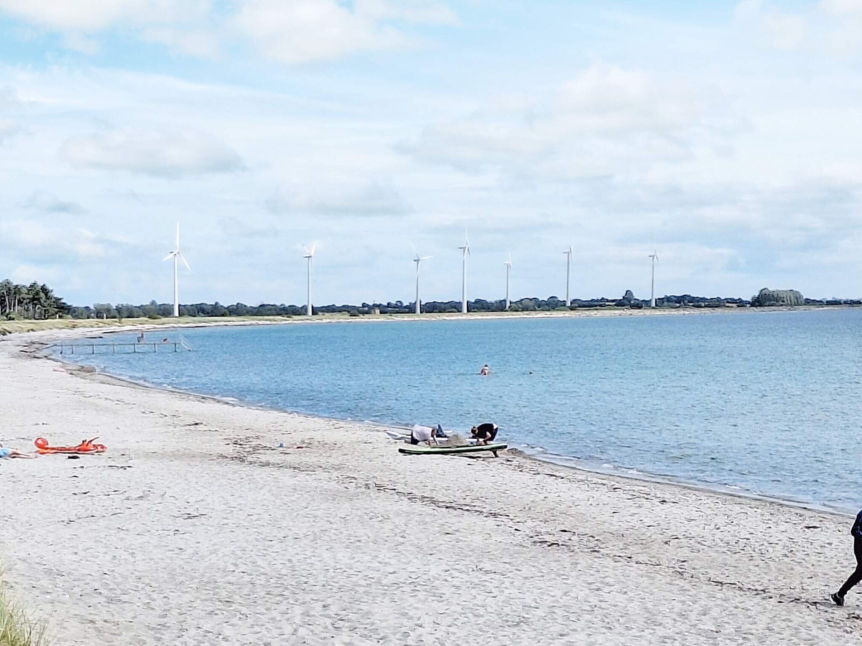 Ein Strand mit ruhiger See, sandigem Ufer und Windkraftanlagen in der Ferne.