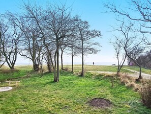 Un parc avec des arbres, une pelouse et un banc.