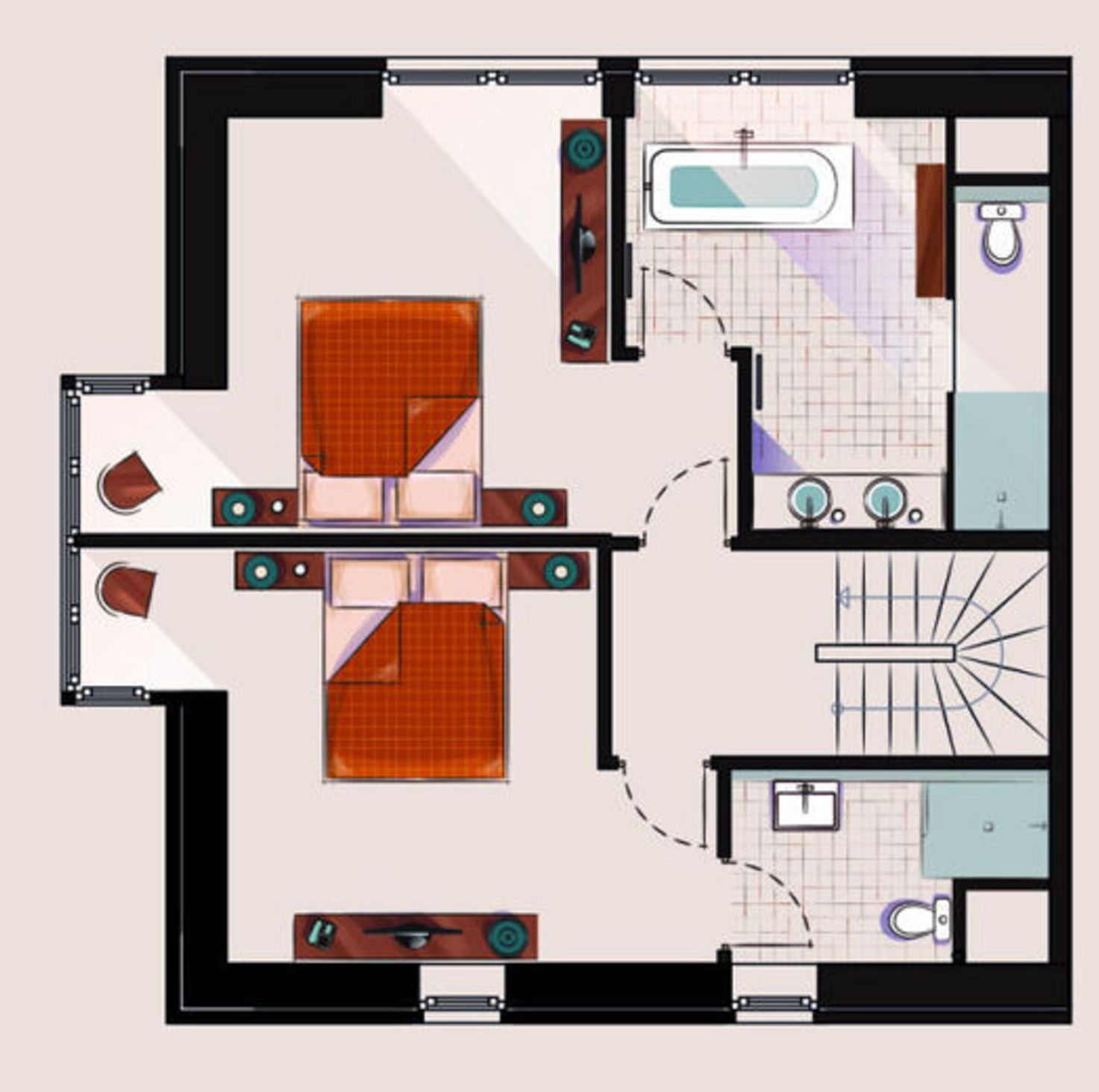 Grundriss eines Hotelzimmers mit Bett, Badezimmer und einer kleinen Sitzecke.