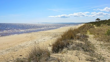 Una playa con un sendero arenoso que conduce al agua, rodeada de hierba y vegetación dispersa.