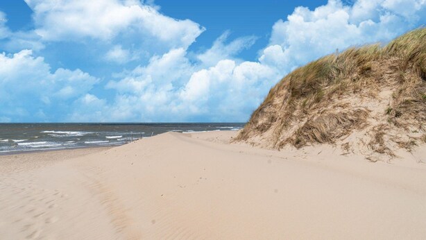 A sandy beach with a grassy dune and the ocean in the background.