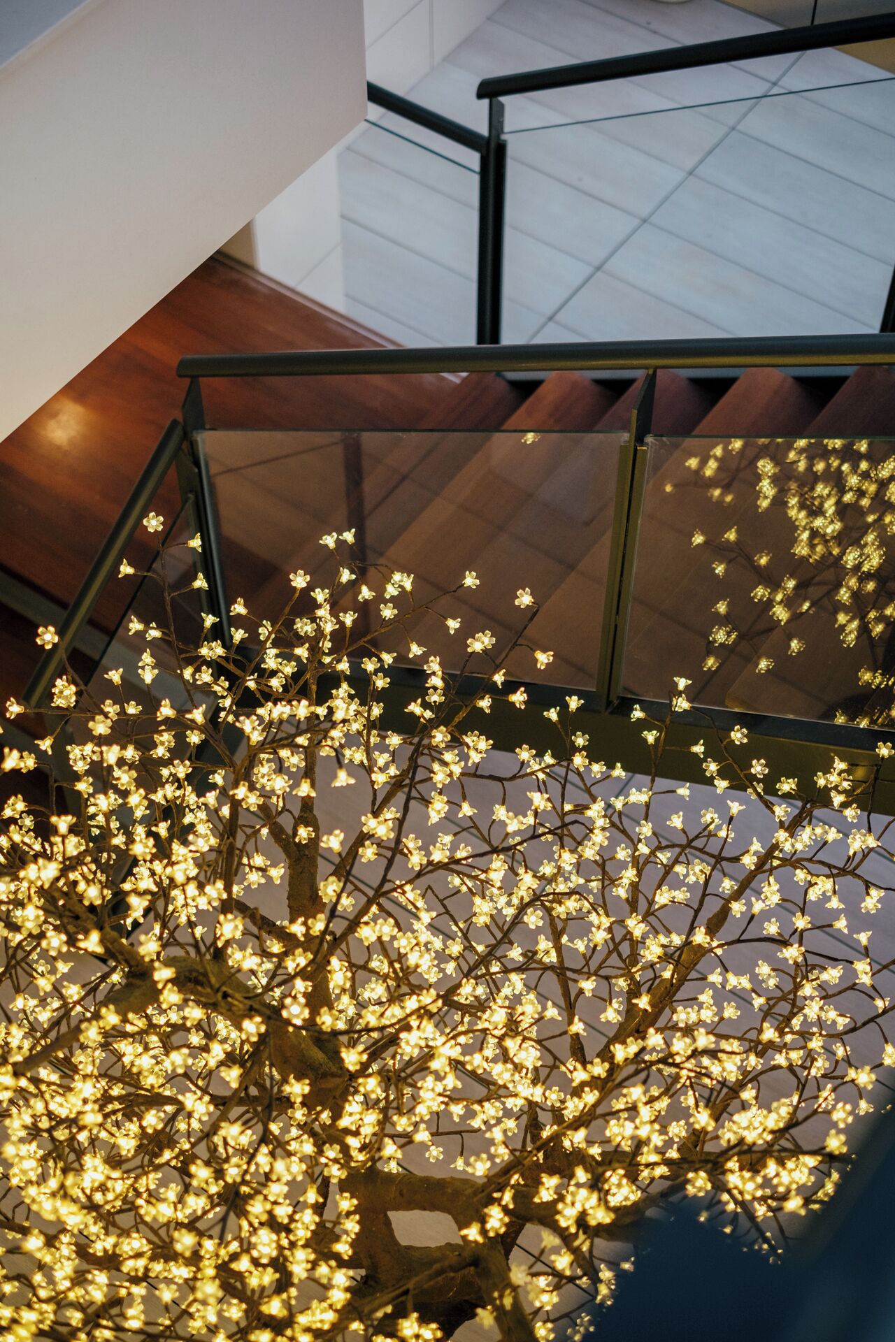 A staircase with a glass railing and a decorative light installation resembling a tree with illuminated flowers.