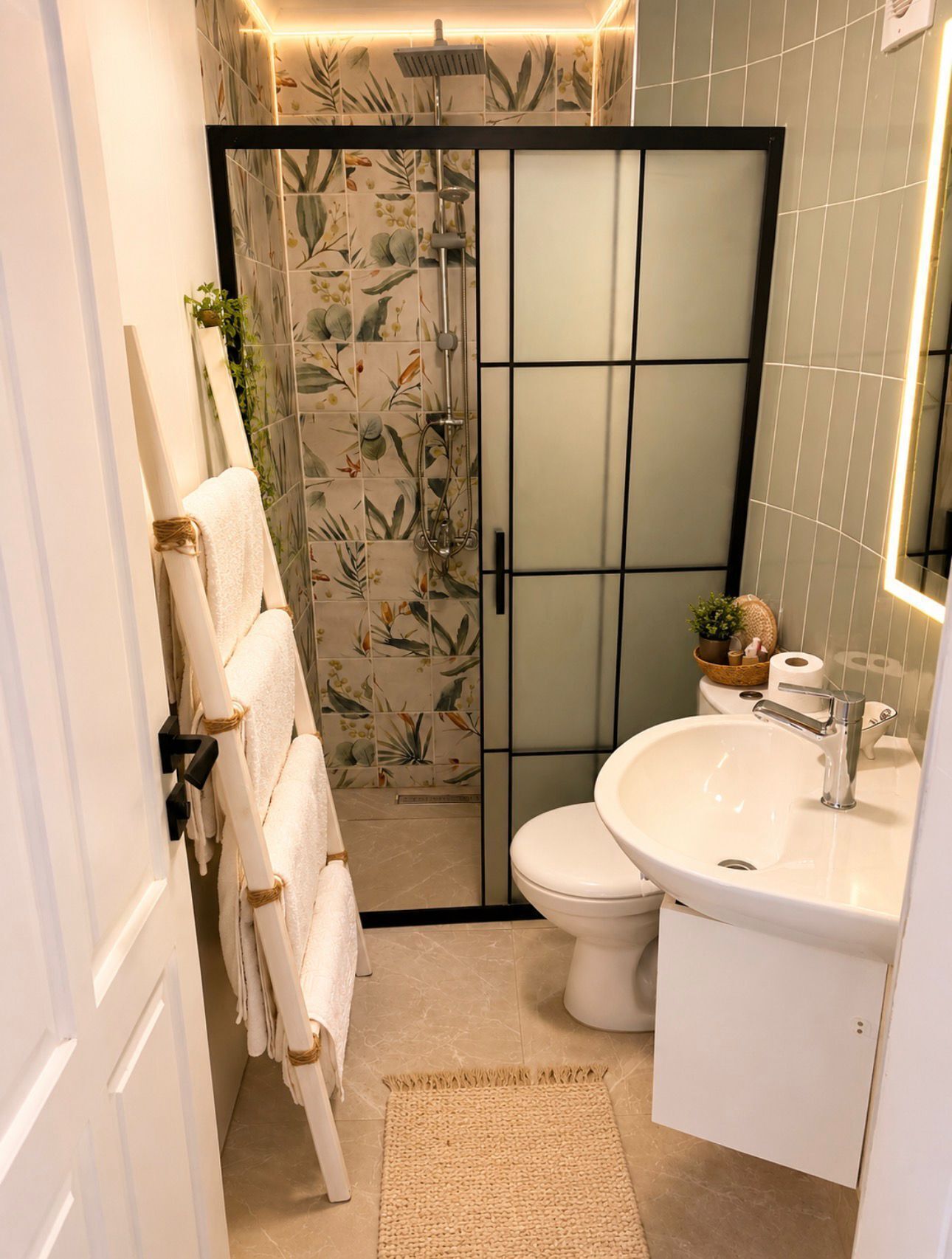 A bathroom with a shower, toilet, sink, and a towel rack with towels.