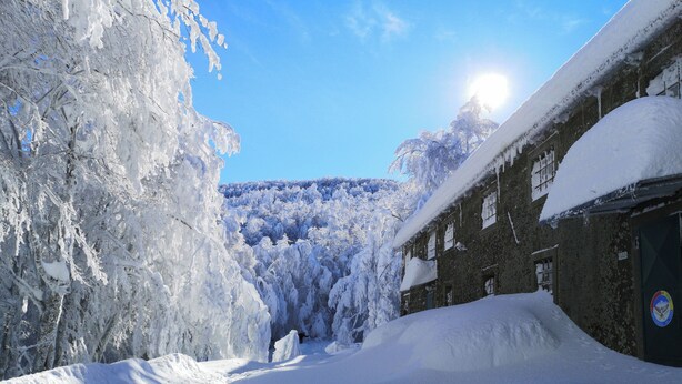 Una strada innevata con un edificio sulla destra e alberi a sinistra.