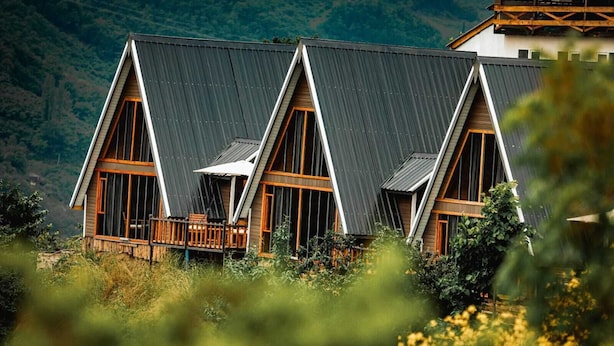 A modern building with a sloped roof and large windows, surrounded by greenery. - Ayliya Bungalow (Akçaabat)