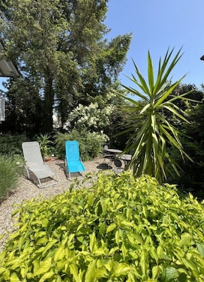 A garden with two sun loungers, a small table, and a large plant. - am Gassle (Ettenheim)
