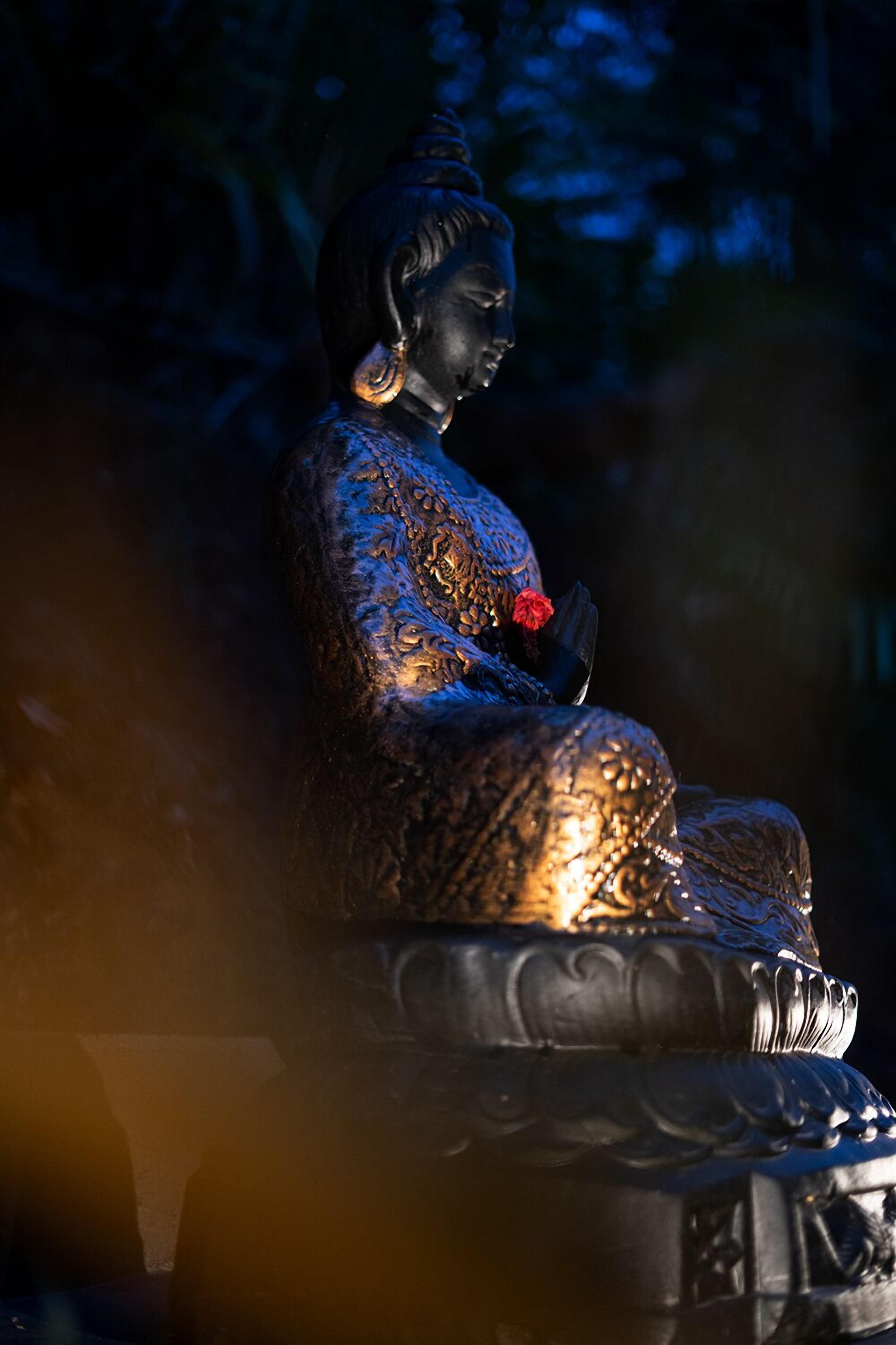 A statue of a seated figure with intricate carvings, set against a dark background.
