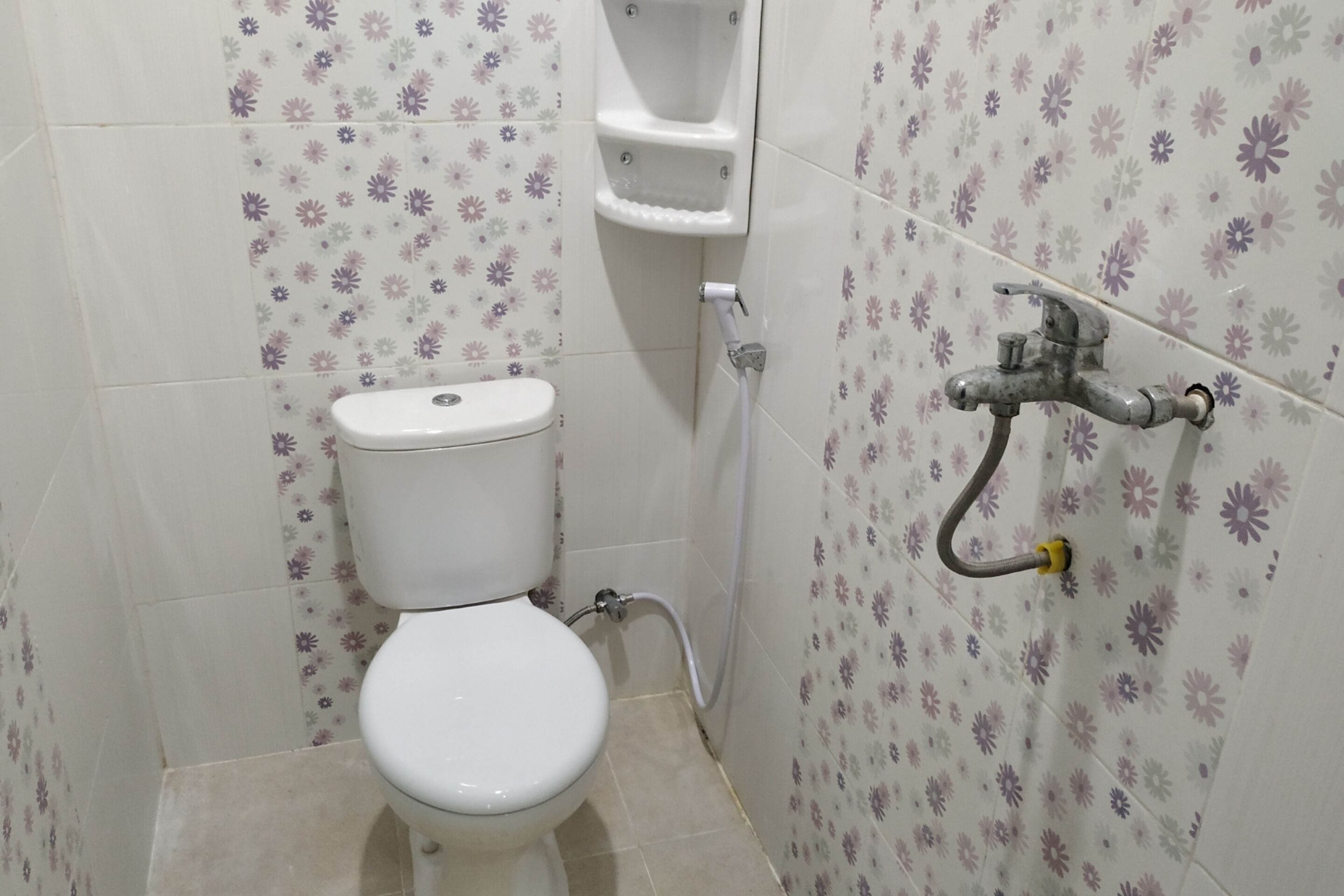 A bathroom with a toilet, a shower, and a faucet.