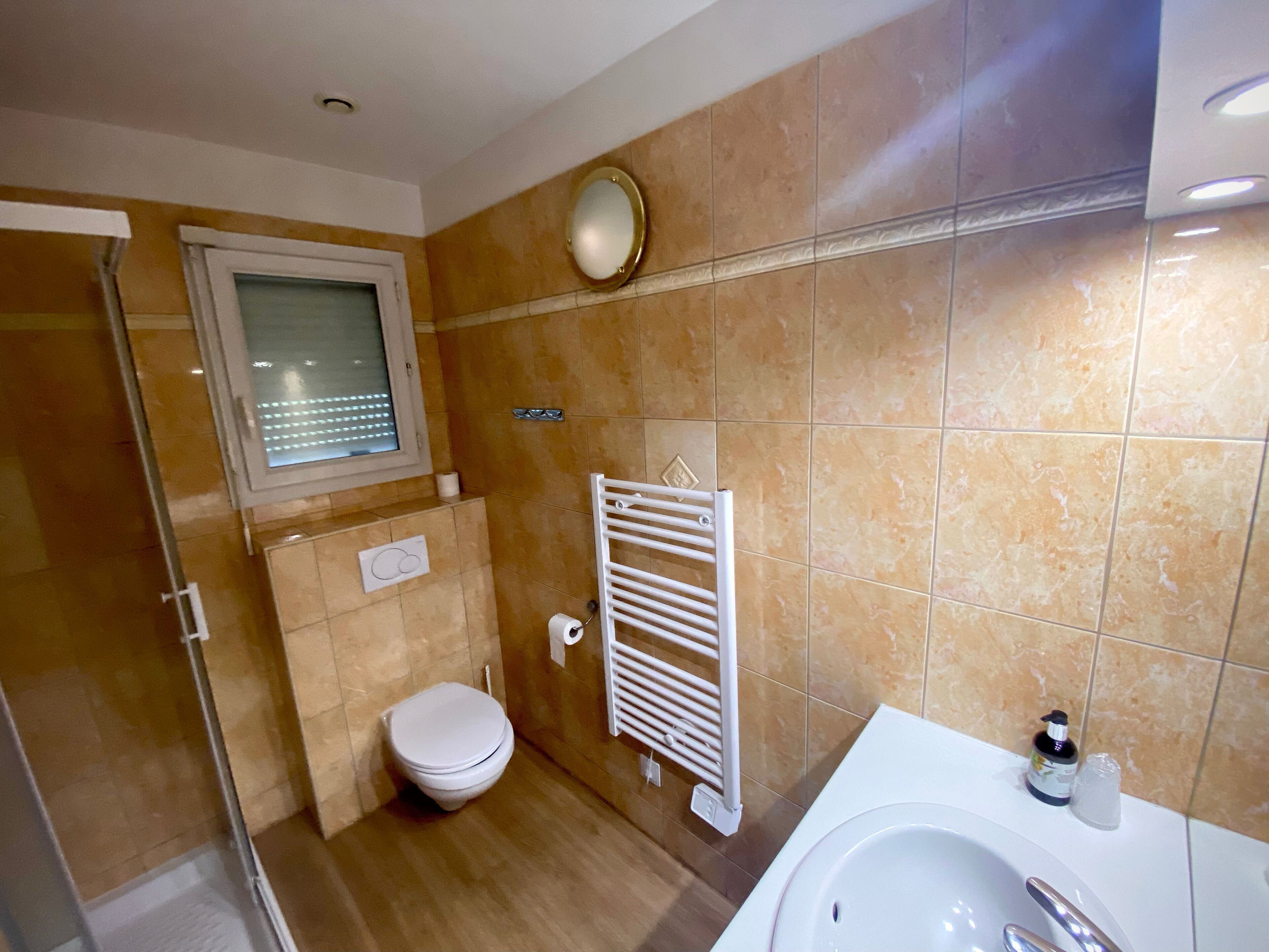 Ein Badezimmer mit Toilette, Waschbecken und Dusche.