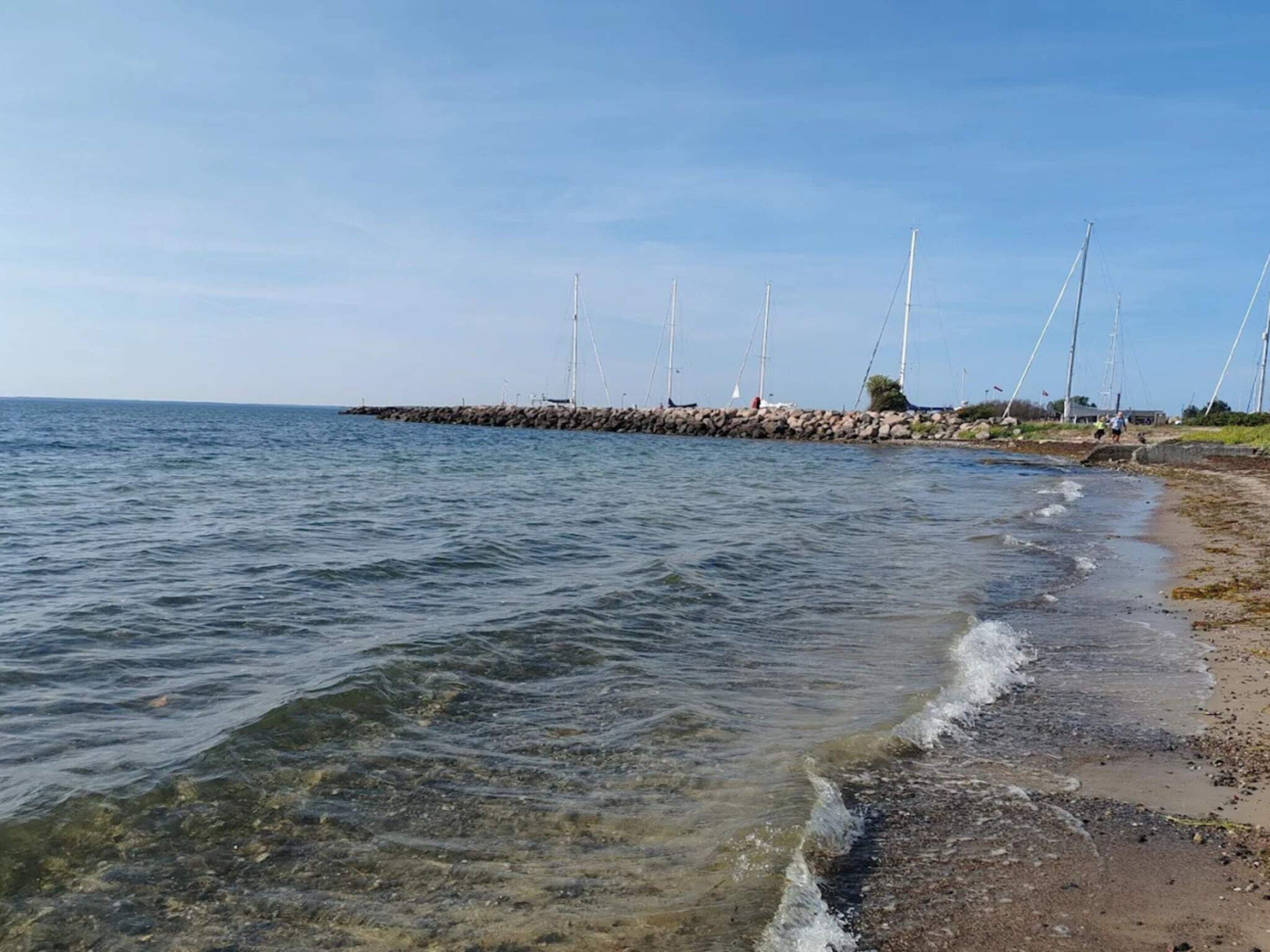 A coastal scene with a rocky breakwater, calm sea, and clear skies.