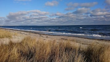 A beach with sand and grass in the foreground, and the ocean in the background.