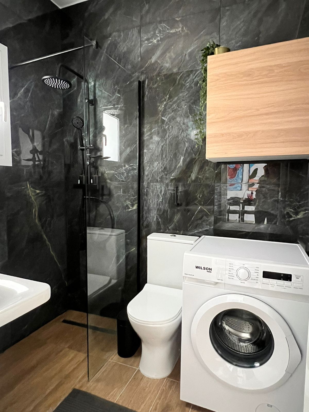 A modern bathroom with a glass-enclosed shower, a toilet, and a washing machine.