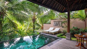 Una piscina al aire libre, sombrillas, sillones reclinables de piscina