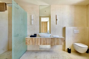 Shower, hair dryer, towels, toilet paper