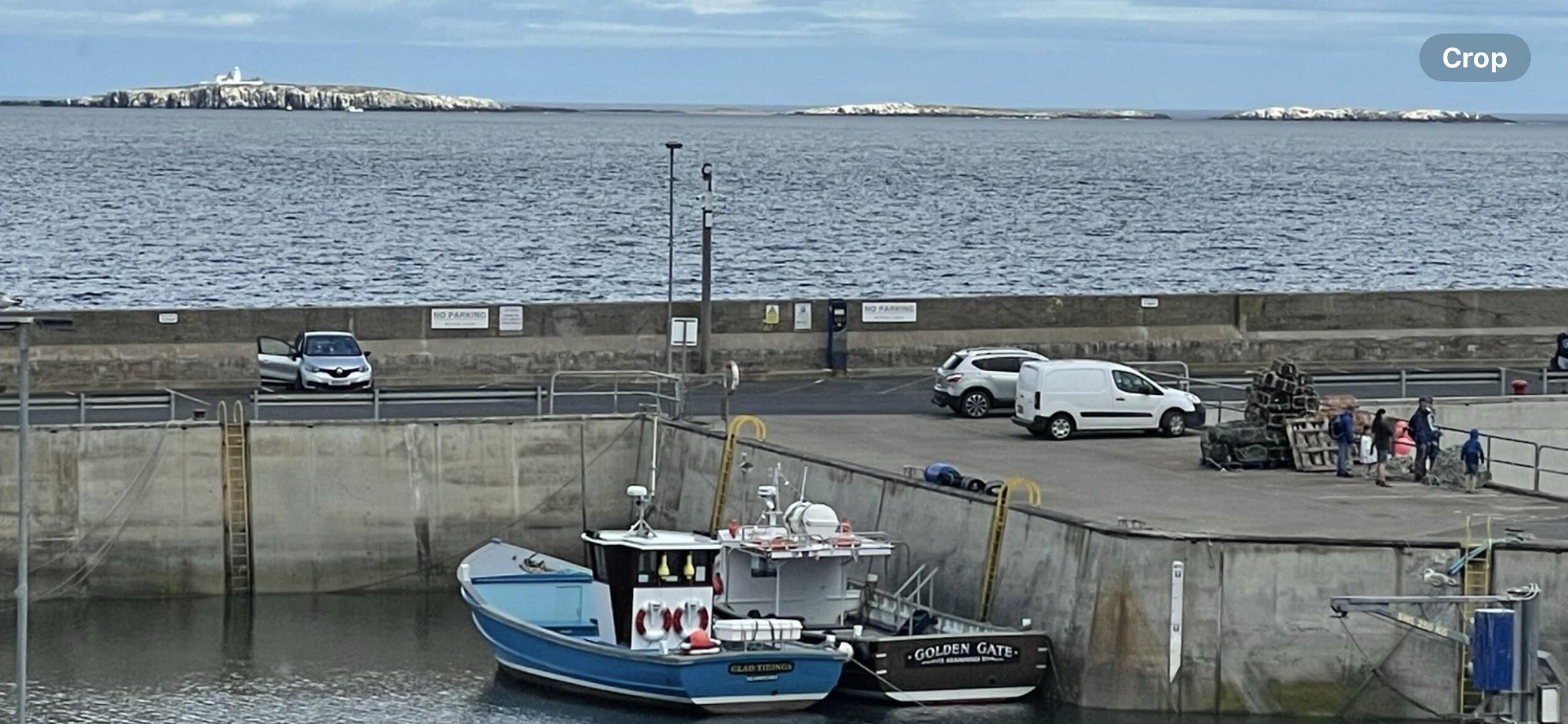 Un puerto con barcos amarrados, un coche y un grupo de personas cerca de la orilla.