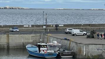 Un puerto con barcos amarrados, un coche y un grupo de personas cerca de la orilla.