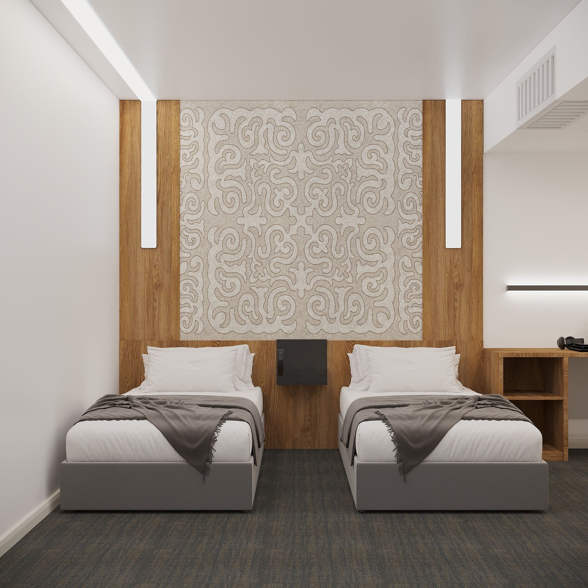 Ein modernes Hotelzimmer mit zwei Betten, einer Wand in Holzoptik und einer eingebauten Ablage.