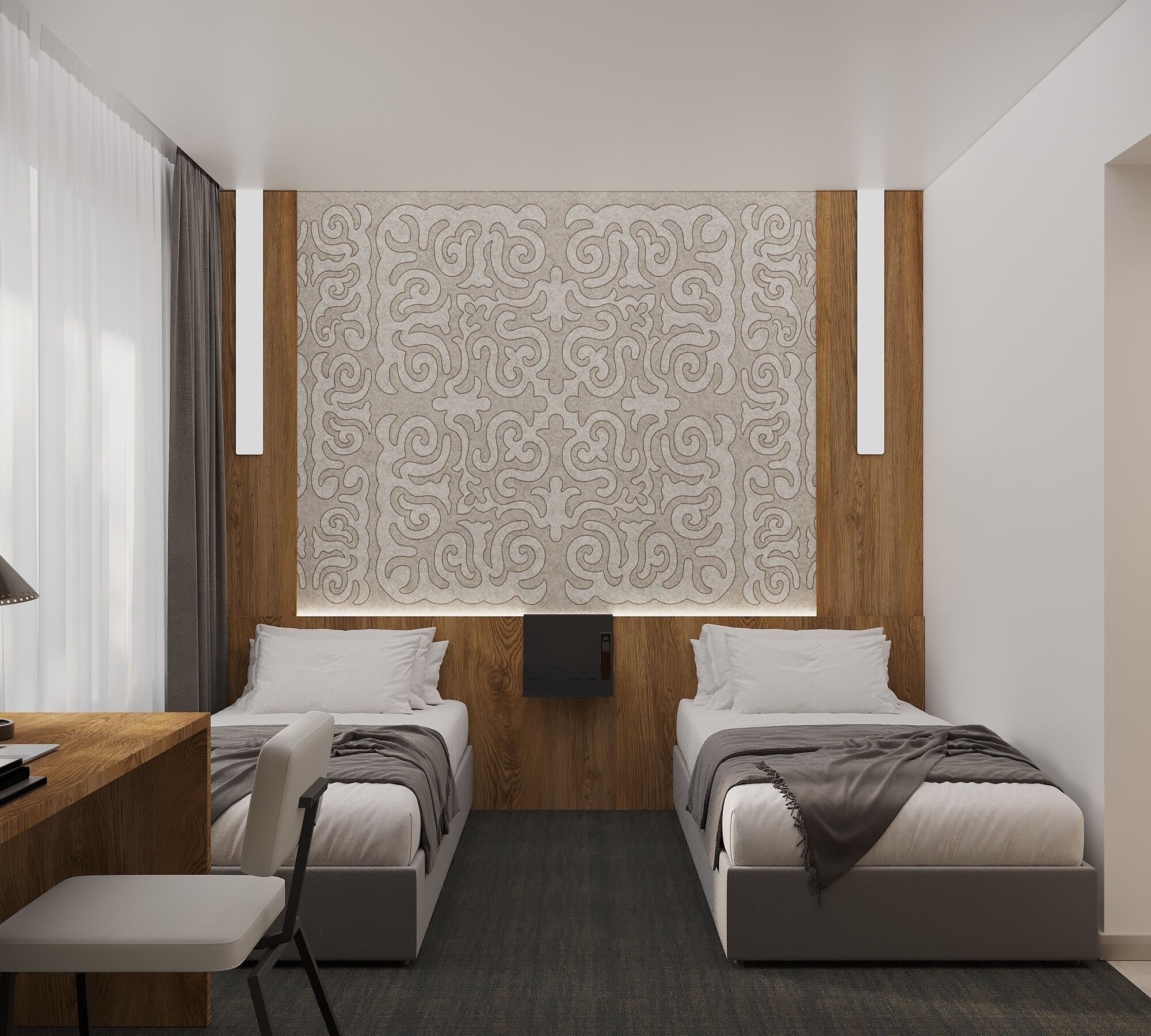 A modern hotel room with two beds, a desk, and a large decorative wall panel.