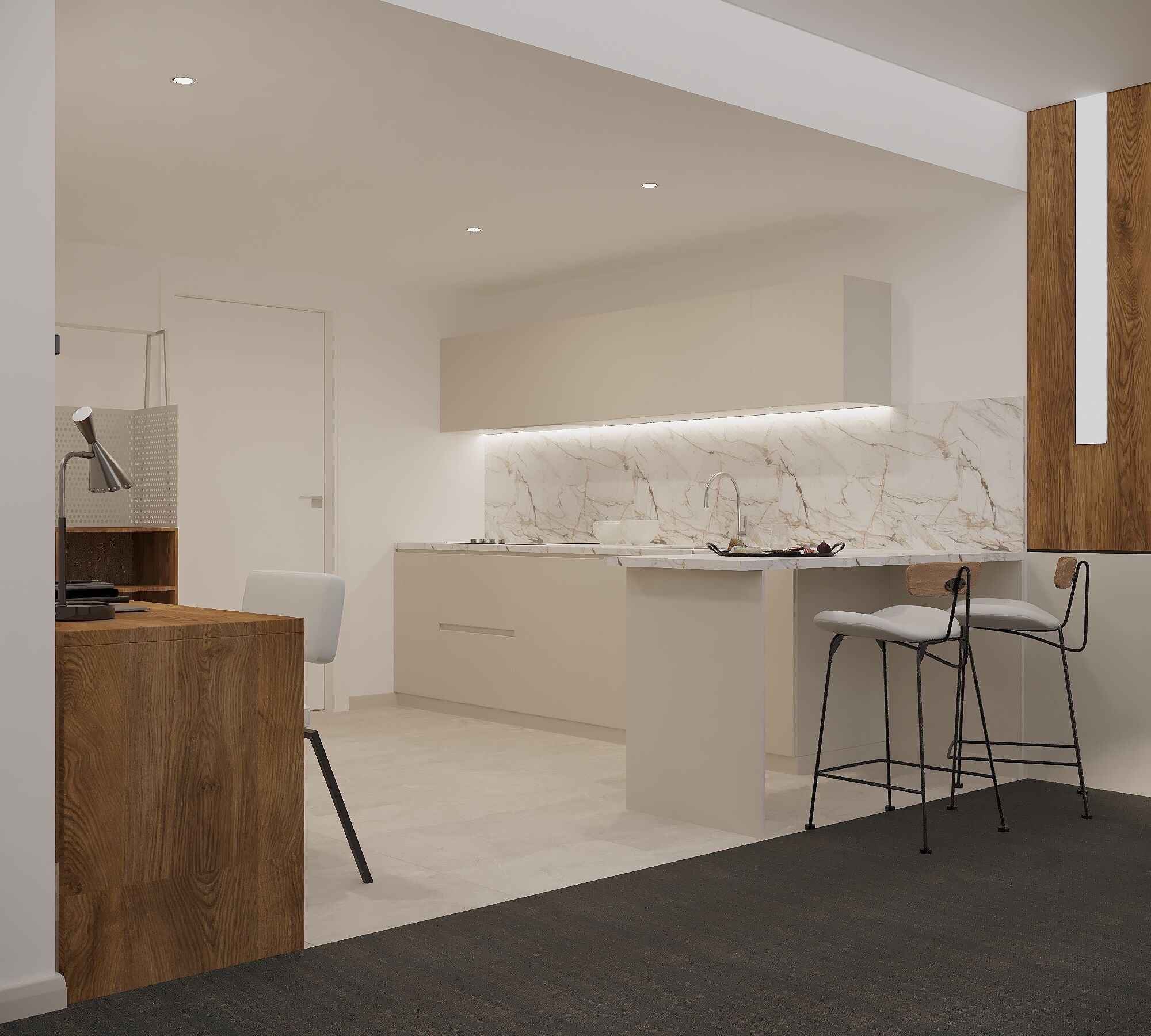A modern kitchen with a marble backsplash, a built-in island with bar stools, and a wooden accent wall.