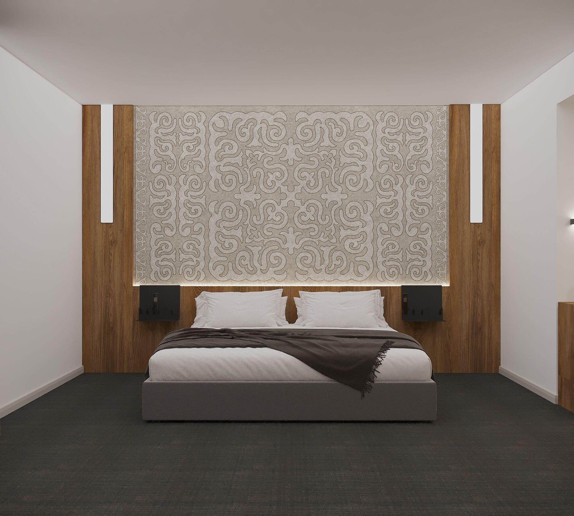 A modern bedroom with a bed, wooden paneling, a patterned headboard, and two bedside tables.