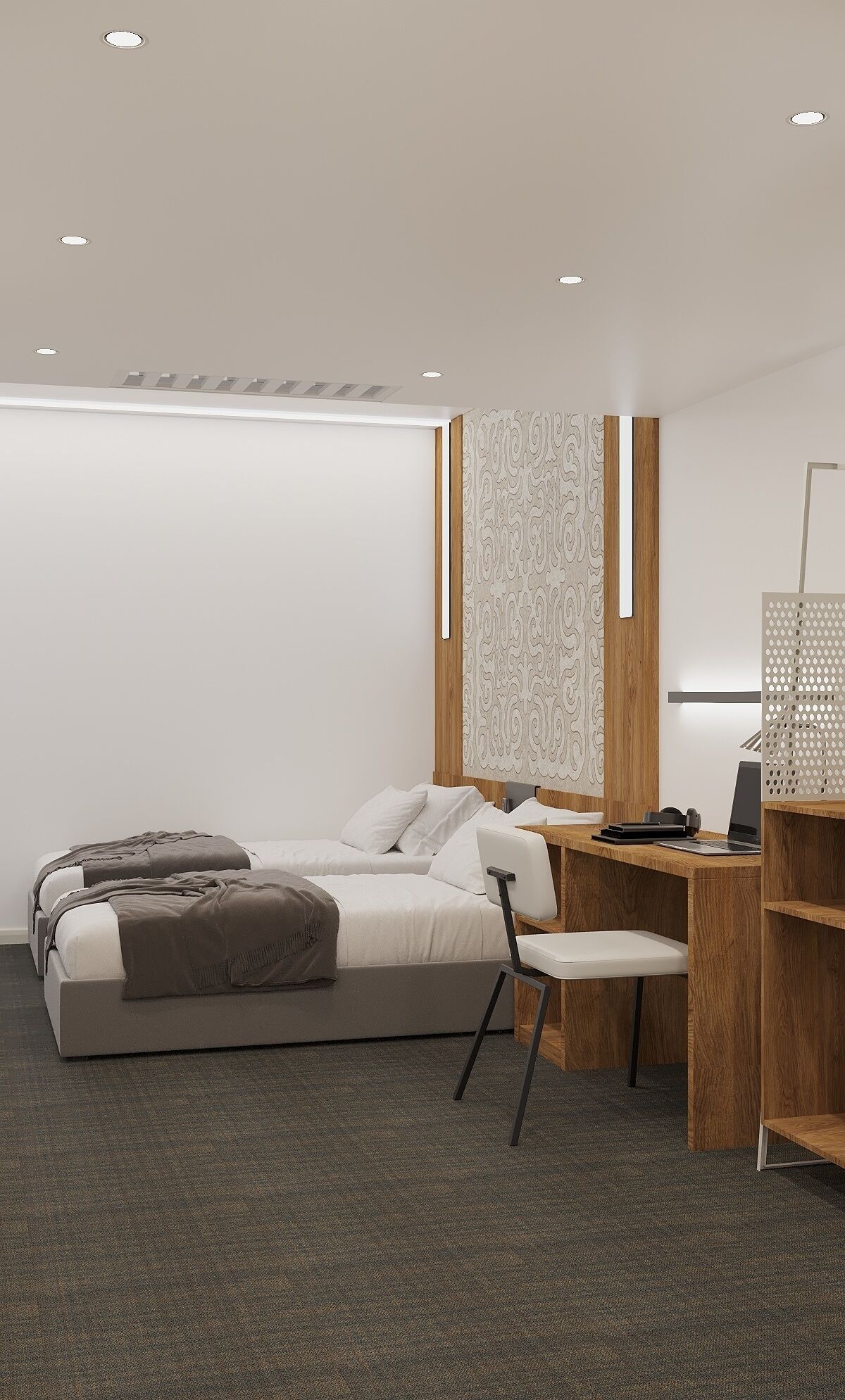 A modern bedroom with a bed, a desk, and a chair.