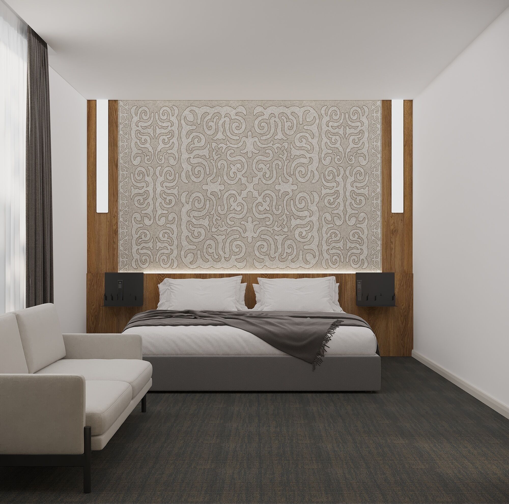Ein modernes Schlafzimmer mit einem großen Bett, einer Couch und einem dekorativen Kopfteil.