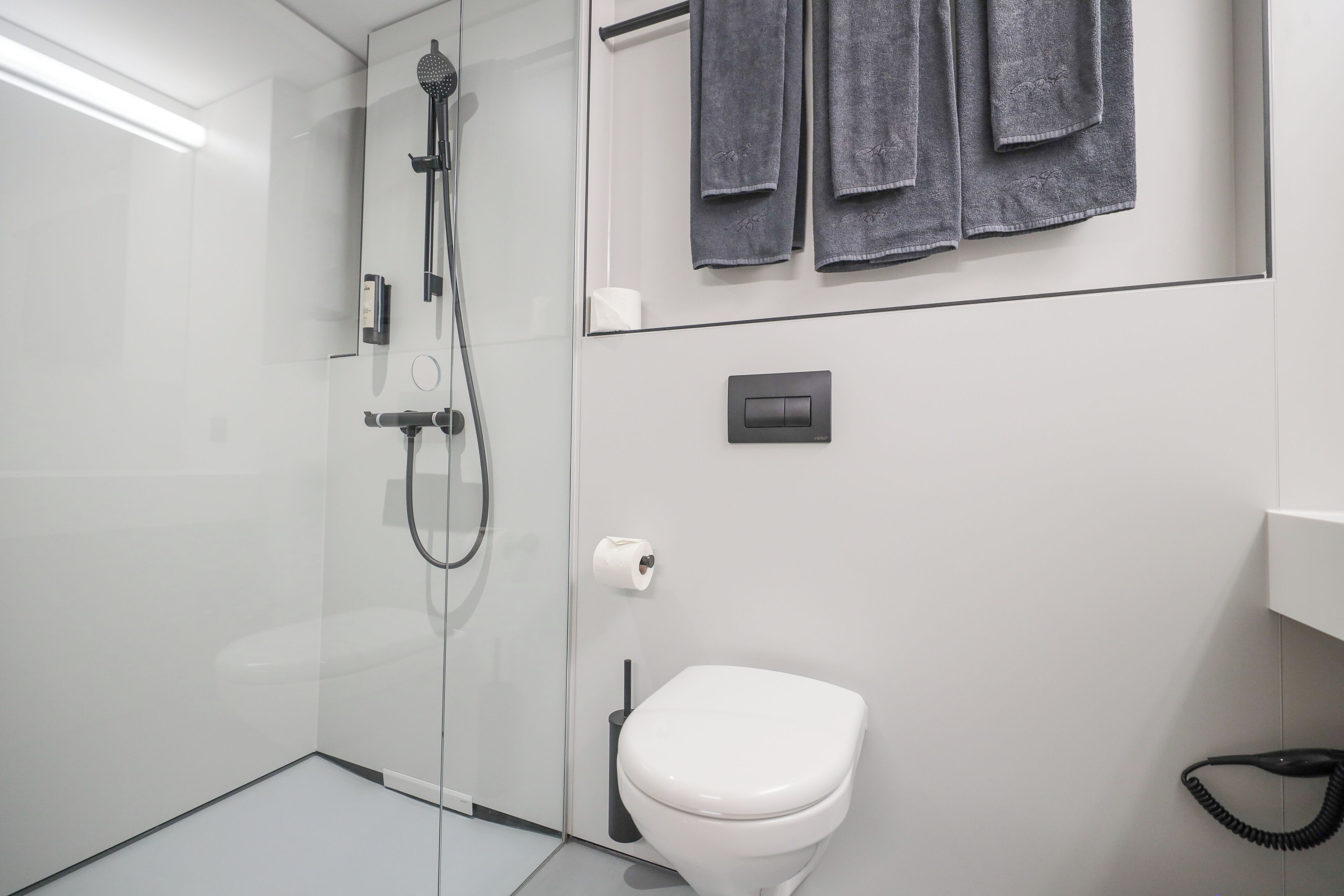 A modern bathroom with a glass shower enclosure, a white toilet, and a towel rack with three towels.